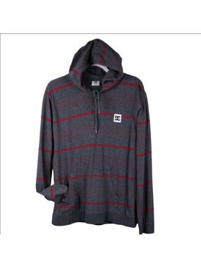 DC Gray Red Striped Long Sleeve Pullover Drawstring Hood Lightweight Shirt